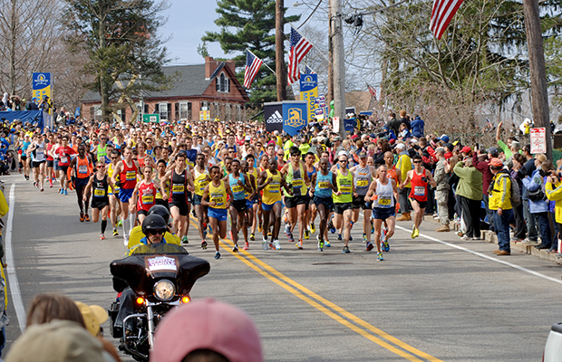 And They're off. The runners start the grueling 26 mile Bosotn Marathon
