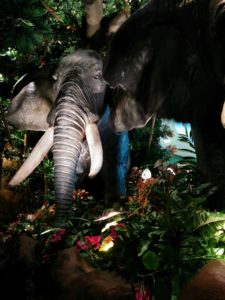 Two elephants surrounded by lush greenery and colorful flowers, highlighted by dramatic lighting in a Rainforest Café–style setting.