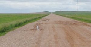 Long straight dirt road stretching across open grassy plains with scattered muddy potholes under a cloudy sky.