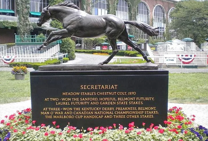 Gone but not forgotten. “Bronze statue of Secretariat at Claiborne Farm in Kentucky, commemorating the Triple Crown winner’s historic career.”