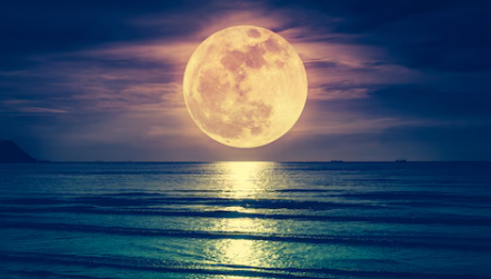 : Full Flower Moon glowing in a clear May night sky, marking the first of two full moons this month. Lots of moonlight for spring