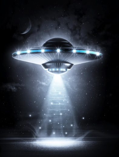 A disc‑shaped UFO with glowing blue lights hovers in a dark, starry sky, casting a bright beam onto the mist below.