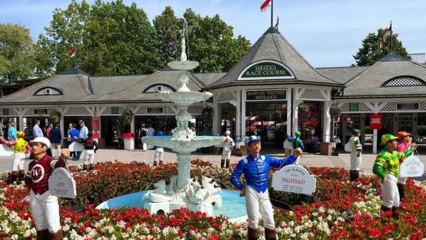 The iconic entrance to Saratoga Race Course, complete with jockey statues and the flowered fountain that signals you’ve arrived at racing season.