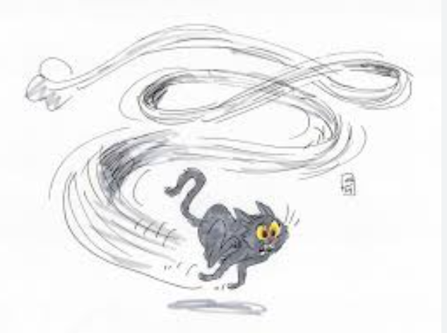 Dynamic cartoon of a gray cat running fast with looping motion trails, illustrating classic cat zoomies and high‑speed feline behavior.