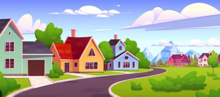 A colorful, storybook-style neighborhood with bright houses, winding roads, green lawns, and distant snow‑capped mountains under a blue sky — a cheerful little town where our linguistic adventure begins.