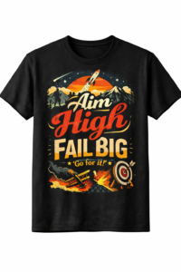 A black T‑shirt featuring a colorful graphic of a rocket launching over mountains at sunset, with bold text that reads “Aim High Fail Big” and smaller text below that says “Go for it!” alongside a crashed airplane and target illustration.