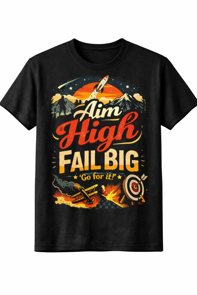 A black T‑shirt featuring a bold retro-style graphic with the motto “Aim High Fail Big,” including a rocket launch, mountains, stars, and playful illustrations of misadventures.
