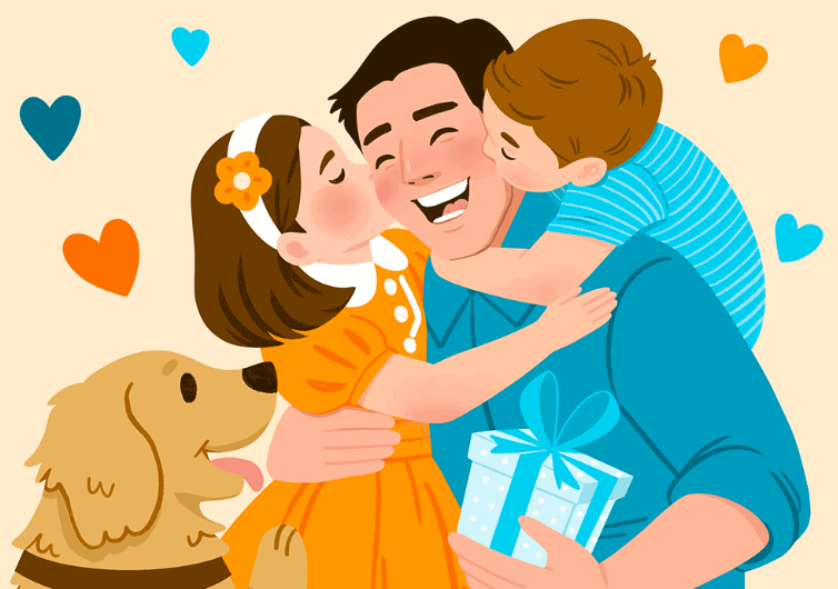 A smiling father holding a wrapped gift while his two children kiss him on the cheeks, with a happy golden dog looking up at them and colorful hearts in the background.