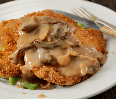 Jägerschnitzel , a classic German dish made with pork, bacon, and a rich mushroom gravy
