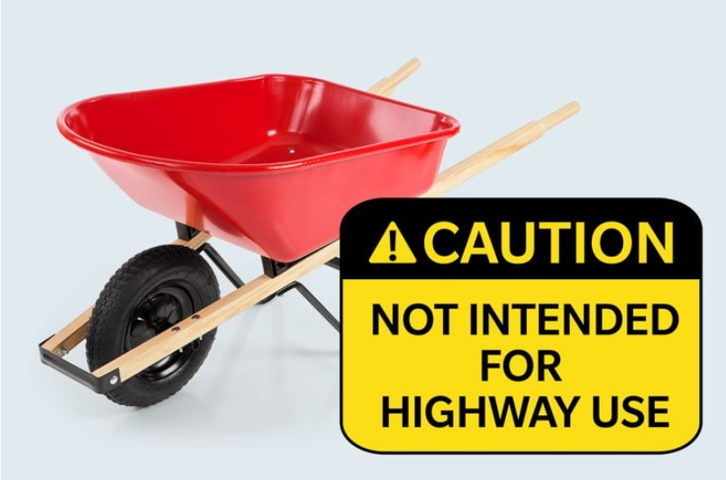 “Red wheelbarrow with wooden handles next to a caution sign reading ‘Not intended for highway use,’ highlighting a humorous and unnecessary product warning label.”