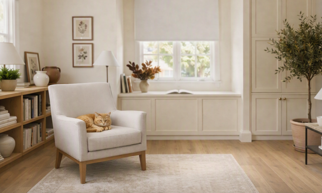 “A cozy, sunlit living room featuring neutral tones and a large window with white roller shades. A small orange tabby cat is curled up asleep on an off‑white armchair beside a wooden bookshelf filled with books and plants. The space feels calm, minimalist, and inviting — perfect for showcasing JoyDeco’s home décor aesthetic.”