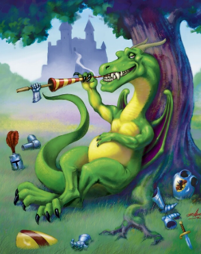 A green dragon lounging against a tree in a grassy field, casually using a knight’s lance like a toothpick. Pieces of defeated knight armor are scattered around, with a castle visible in the distance. The dragon looks relaxed and victorious, as if enjoying a quiet moment after winning a battle.