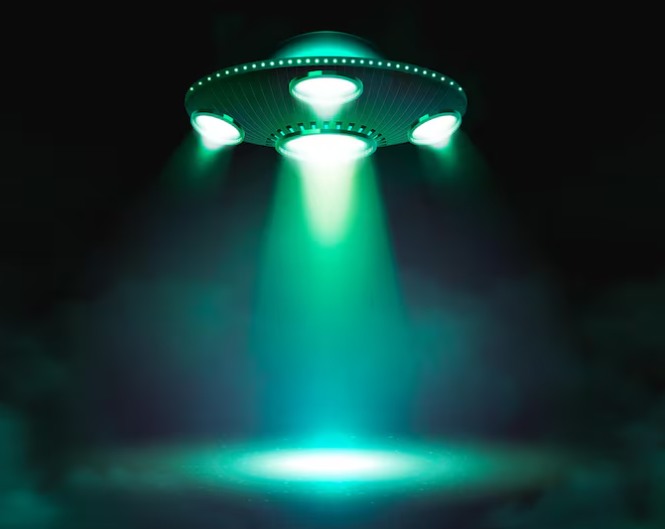 “A glowing disc‑shaped UFO hovering in a dark, misty night sky, shining bright green beams of light onto the ground below.”