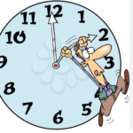 Cartoon illustration of a large clock showing 12:00, with a cartoon person hanging onto the minute hand as it lifts them off the ground. The clock face is light blue, and the scene humorously suggests someone trying to hold onto time.