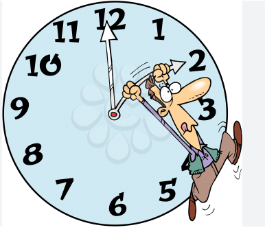 “A cartoon person hangs onto the minute hand of a large clock pointing straight up, as if being lifted by it, humorously showing the struggle against Daylight Saving Time.”