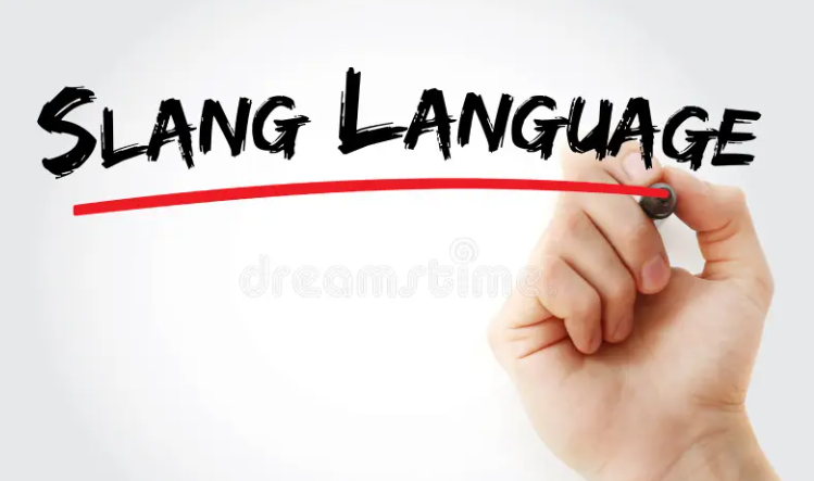 A hand holding a marker writes the words “SLANG LANGUAGE” in bold black letters, with a red line drawn underneath on a plain white background.