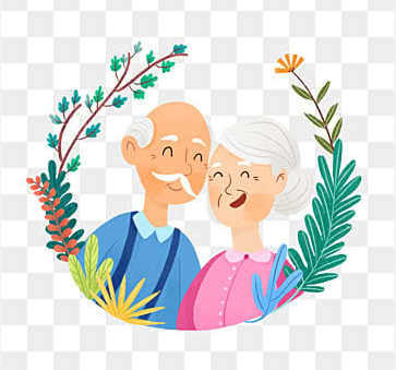 Whimsical drawing of an elderly couple surrounded by decorative leaves, perfect for a blog post about old‑fashioned sayings and grandparent phrases.