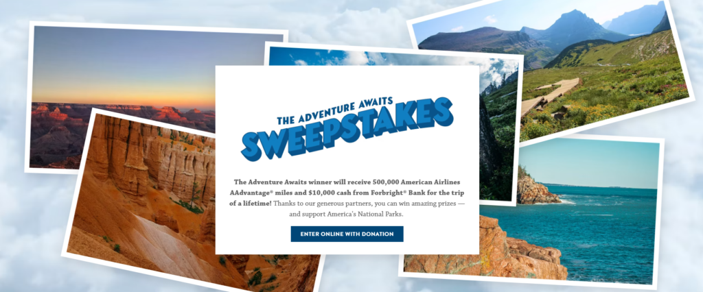 Adventure Awaits Sweepstakes promotional graphic featuring scenic national park landscapes and text announcing 500,000 American Airlines miles plus $10,000 cash prize.”