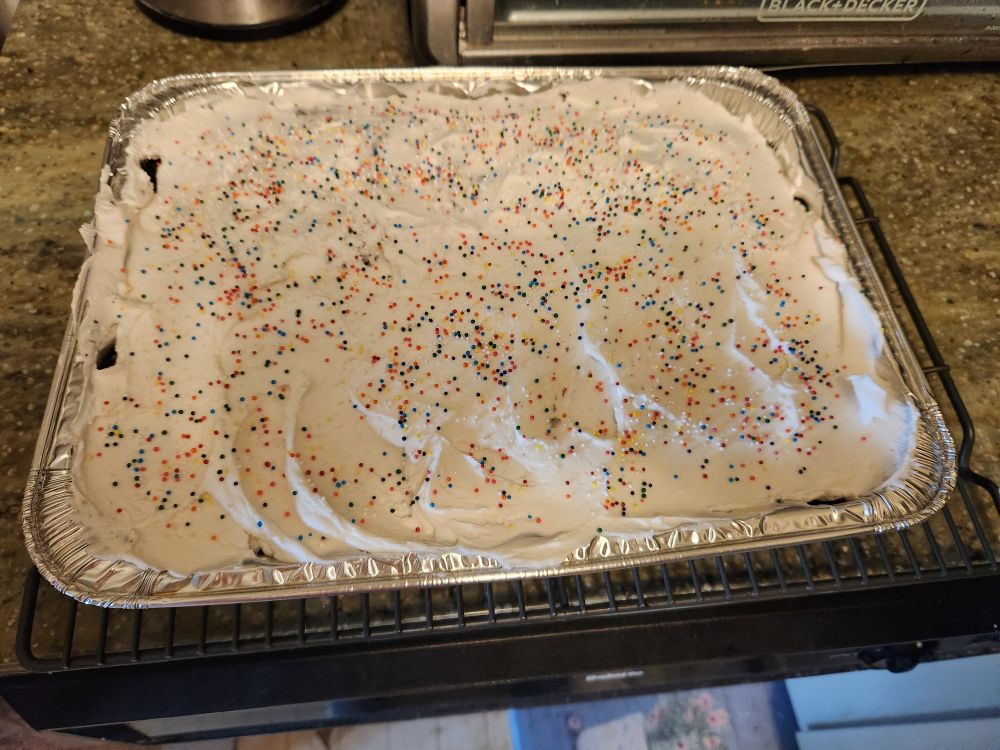 Freshly baked chocolate sheet cake covered in thick white frosting and rainbow sprinkles, resting on a cooling rack in a home kitchen.