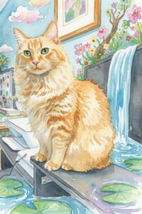 Orange tabby cat sitting on a ledge in a whimsical indoor scene featuring a waterfall flowing from a shelf into a pond with lily pads and flowers, surrounded by framed pictures and a bright sky backdrop.