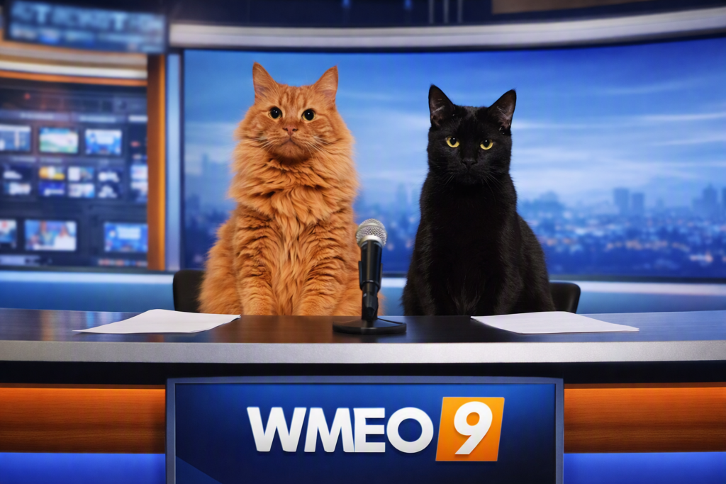 Cat correspondents at the WMEO 9 news desk reporting on a breaking news alert about elephants invading Boston.”