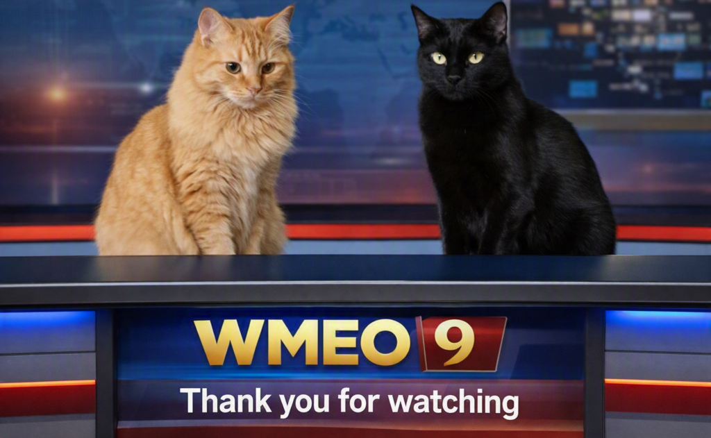 Two cats sit behind a WMEO 9 news desk in a newsroom setting, with the orange cat and black cat posed like anchors above the text “Thank you for watching.
