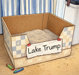 Kitty Litter box with a sign designating it as Lake Trump. 2 crayons sit ont he floor 