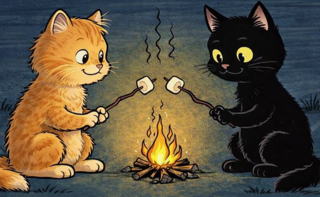Cartoon versions of two cats sit by a small campfire at night, each holding a stick with a marshmallow over the flames. The orange cat on the left and the black cat on the right are roasting marshmallows in a simple outdoor scene with a dark background and grass at the bottom.