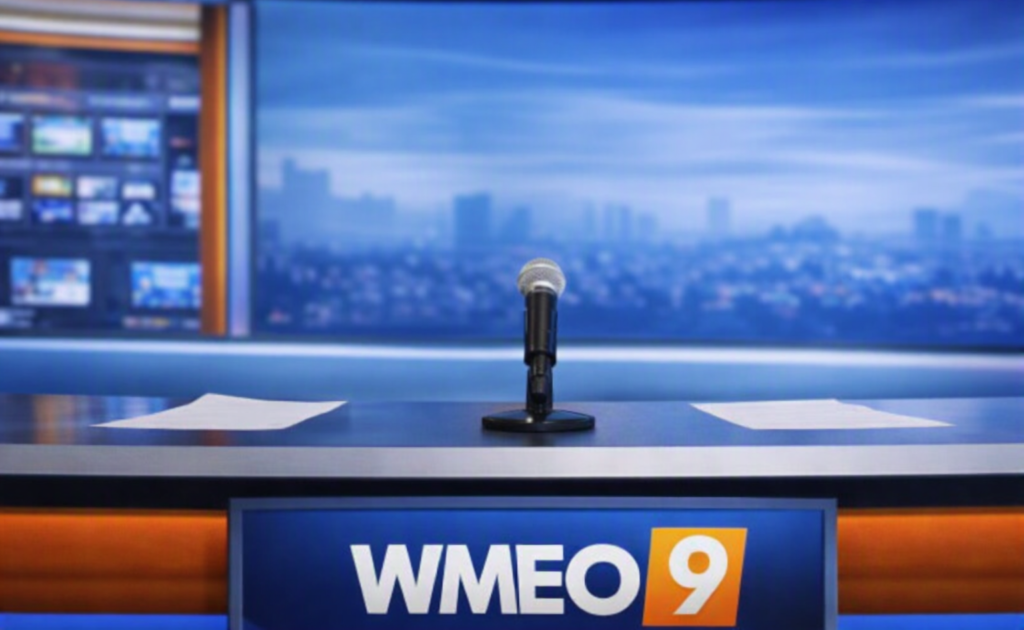 An empty WMEO 9 news desk sits in a brightly lit newsroom. A microphone and two sheets of paper rest on the desk, and multiple blurred screens with news graphics appear in the background along with a city skyline.