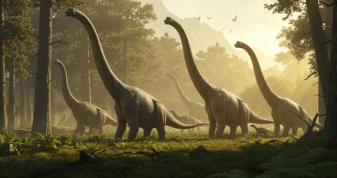 A group of large, long‑necked dinosaurs walk through a dense prehistoric forest lit by warm golden sunlight. Tall trees rise around them, ferns cover the ground, and distant mountains fade into the background. Several pterosaurs glide overhead, adding depth to the ancient landscape.