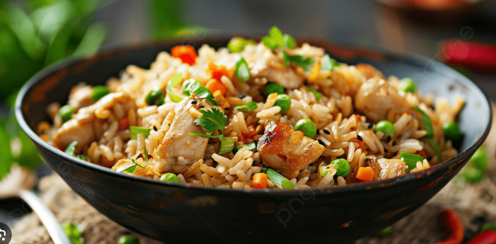 Stir-fried chicken fried rice with peas, carrots, onions, and herbs in a dark serving bowl, resembling classic Chinese takeout fried rice.