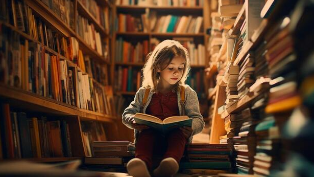 A young child sits on the floor in a warm, cozy library surrounded by tall shelves and stacks of books, reading an open book as soft light illuminates the scene.