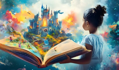 A child holds an open book as a vivid fantasy world rises from the pages, including a colorful castle, waterfalls, lush landscapes, and small fairytale characters, all surrounded by swirling magical light and bright clouds.