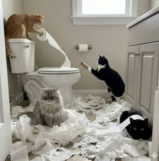 Four cats in a bathroom surrounded by shredded toilet paper. An orange cat sits on the toilet batting at a roll on the wall, a black‑and‑white cat stands nearby holding an empty cardboard tube, a fluffy gray cat sits among torn paper on the floor, and a black cat lies down with toilet paper draped over its back. The floor is covered in ripped toilet paper, creating a humorous, chaotic scene.