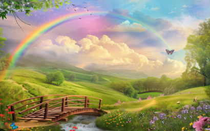 A serene landscape featuring a wooden bridge over a small stream surrounded by green grass and colorful flowers. A bright rainbow arcs across a golden sky with soft clouds, and a butterfly hovers near the center, creating a peaceful, dreamlike scene.