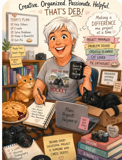 An illustrated portrait of Deb sitting at a desk with a mug, notebooks, a camera, a pie, and two cats, surrounded by text banners highlighting traits like creativity, organization, problem‑solving, and kindness.