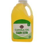  Large yellow plastic container of Wellsley Farms canola oil with a green-and-white label showing product details such as “100% Pure,” “Cholesterol Free,” and “5 Quarts.”