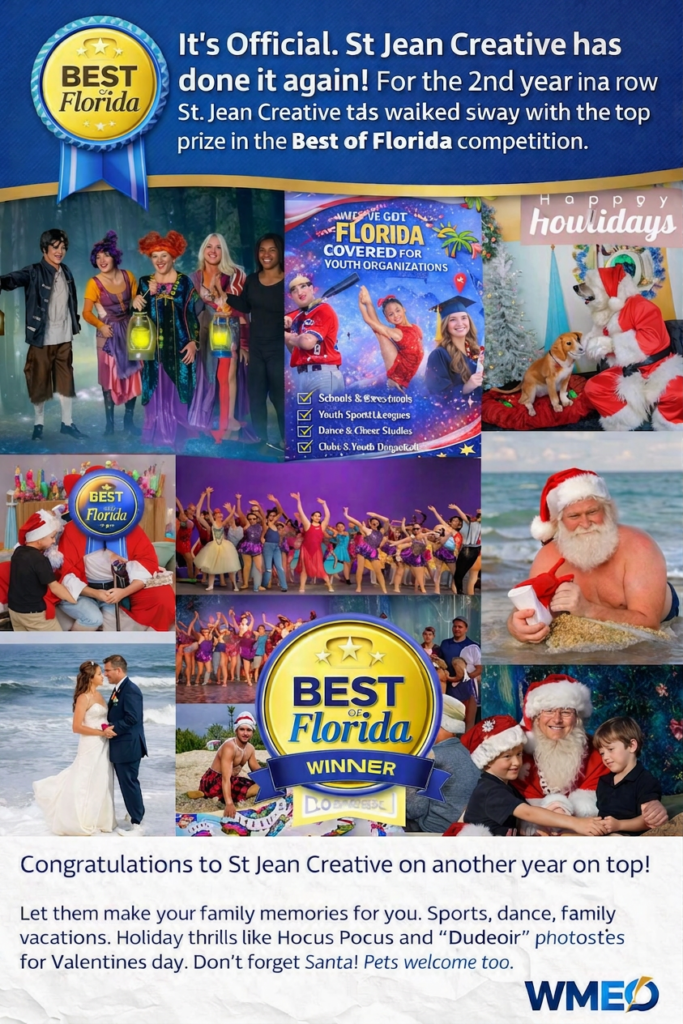 Colorful collage celebrating St Jean Creative’s back‑to‑back Best of Florida photography win, featuring themed photoshoots including Halloween characters, youth sports, dancers on stage, Santa scenes, beach wedding portraits, and a Dudeoir Valentine’s photo, centered around a “Best of Florida Winner” badge with congratulatory text and the WMEO logo.