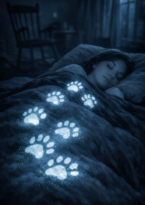  A person sleeps peacefully under a blanket patterned with softly glowing paw prints in a dim blue‑lit bedroom. A rocking chair and small table sit near a window in the background, adding to the quiet nighttime atmosphere