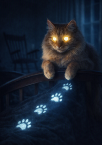 A fluffy cat with glowing yellow eyes sits perched on the back of a wooden chair in a dim blue‑lit room. Softly glowing blue paw prints trail across the surface below, adding a mystical nighttime feel to the scene.