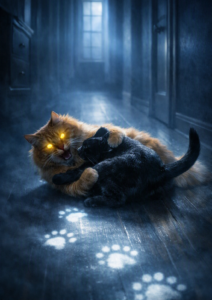 An orange cat with glowing yellow eyes lies on a misty hallway floor beside a black cat, both illuminated by cool blue light streaming from a window at the end of the corridor. Faint glowing paw prints trail across the floor toward them, adding a supernatural feel to the scene.