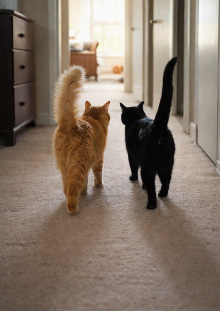 Orange tabby cat and black cat walk side by side down a carpeted hallway, both with tails held high.