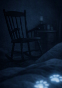 A wooden rocking chair sits motionless in a dim blue‑lit bedroom beside a small nightstand with a faint candle glow. Shadows fall across the floor and bed, creating a quiet, mysterious atmosphere that suggests the chair may have just rocked on its own.