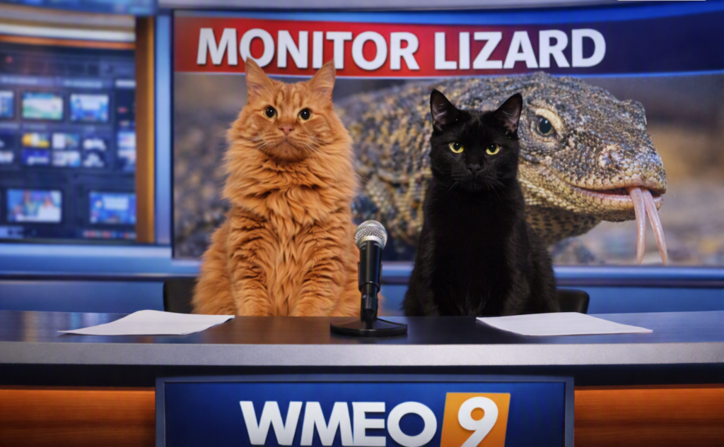 Two cats posed as news anchors sit behind a WMEO‑9 desk, an orange fluffy cat and a sleek black cat, with a microphone and papers in front of them. Behind the desk, a large screen displays a monitor lizard with its tongue extended under a bold “Monitor Lizard” headline, creating a humorous newsroom scene.