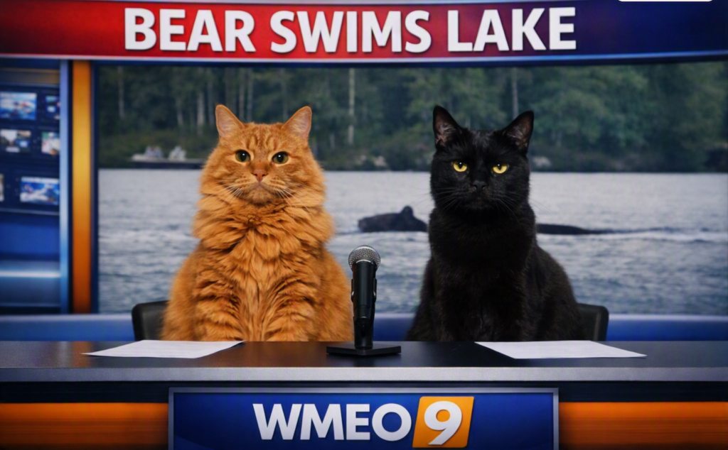 Two cats sit behind a WMEO 9 news desk like TV anchors. On the left is an orange long‑haired cat sitting upright and looking calmly at the camera. On the right is a black short‑haired cat also sitting upright. A microphone sits between them on the desk, along with two sheets of paper. Behind them, a large newsroom screen shows a bear swimming in a lake with trees along the shoreline. Above the screen is a bold red‑and‑blue headline bar that reads “BEAR SWIMS LAKE.” The scene looks like a humorous animal‑themed news broadcast.