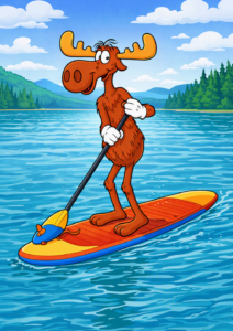   
A cartoon moose stands upright on a brightly colored paddleboard in the middle of a calm lake. The moose holds a paddle with both hands and smiles confidently while balancing on the board. The lake is blue with gentle ripples, surrounded by green forested hills and a partly cloudy sky.