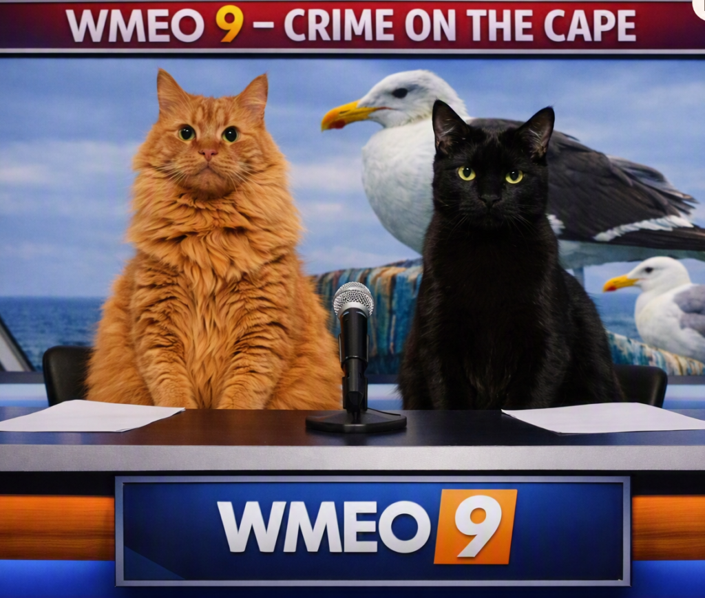 Two cats sit at a WMEO 9 news desk with a microphone and papers, an orange cat on the left and a black cat on the right, with a newsroom backdrop showing seagulls and the headline “WMEO 9 – Crime on the Cape.”