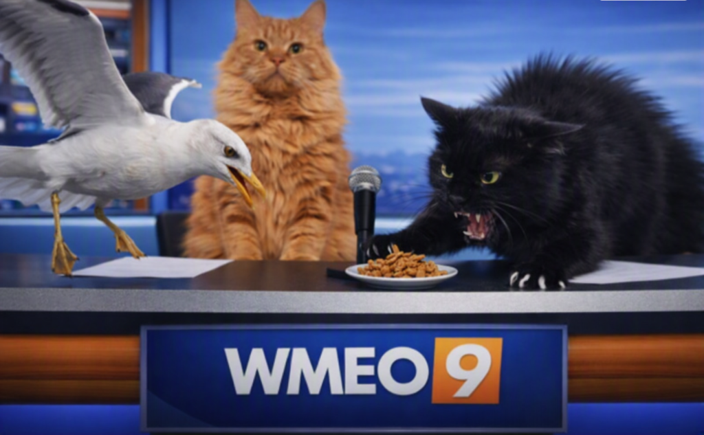 A seagull, an orange cat, and a black cat sit together at a WMEO 9 news desk; the black cat hisses while guarding a plate of treats as the seagull leans in toward the food.