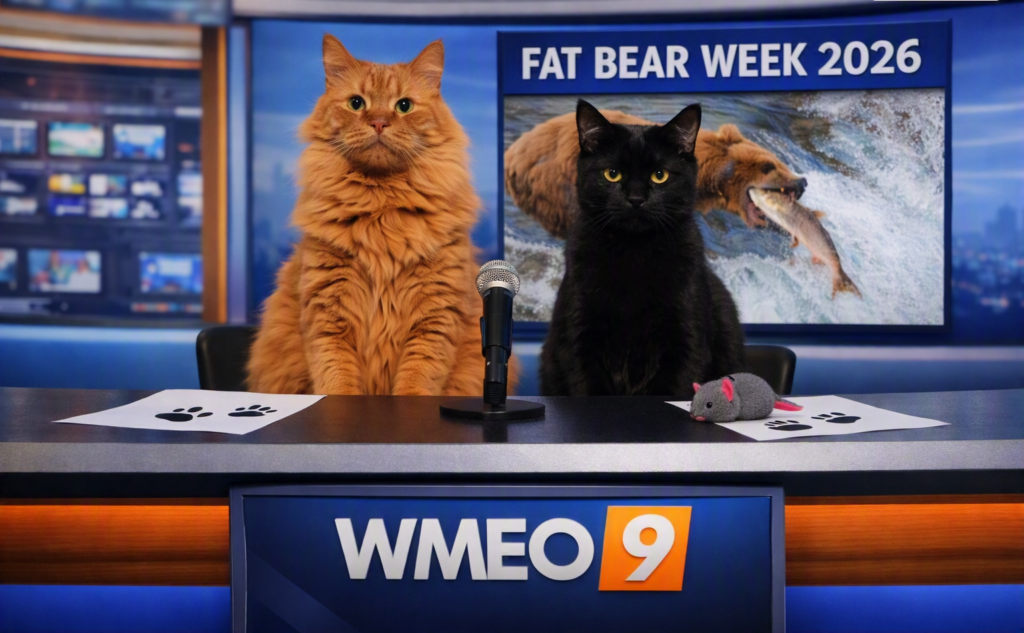 Two cats sit behind the WMEO 9 news desk like news anchors. The orange cat on the left and the black cat on the right face the camera with a microphone between them. Paw‑printed papers lie on the desk, and Balboa’s small gray toy mouse sits on the black cat’s side. Behind them, a large studio screen shows a bear catching a salmon with the headline “FAT BEAR WEEK 2026.” The newsroom background is softly blurred with blue and red lighting.