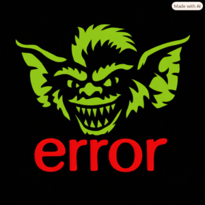 Neon‑green gremlin face with pointed ears and sharp teeth above the word “error” in bold red letters on a black background, with a small “Made with AI” label in the corner.